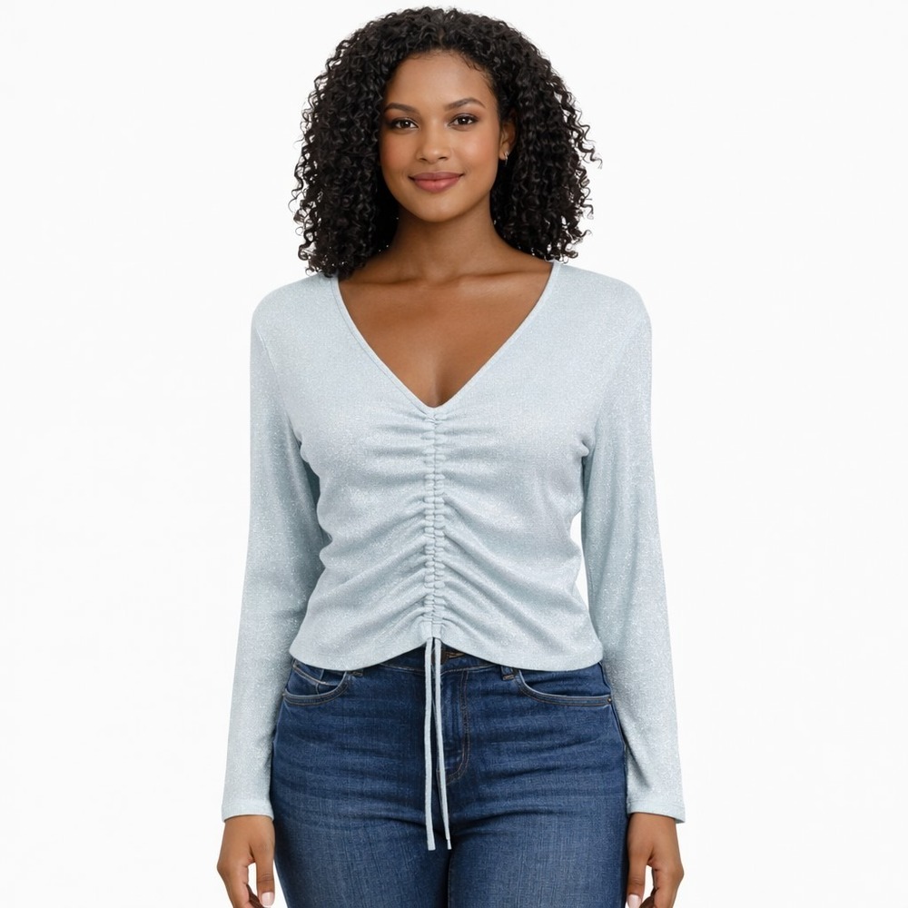 WILD FABLE Size Medium Blue Metallic Ruched Drawstring V-Neck Cropped Sweater